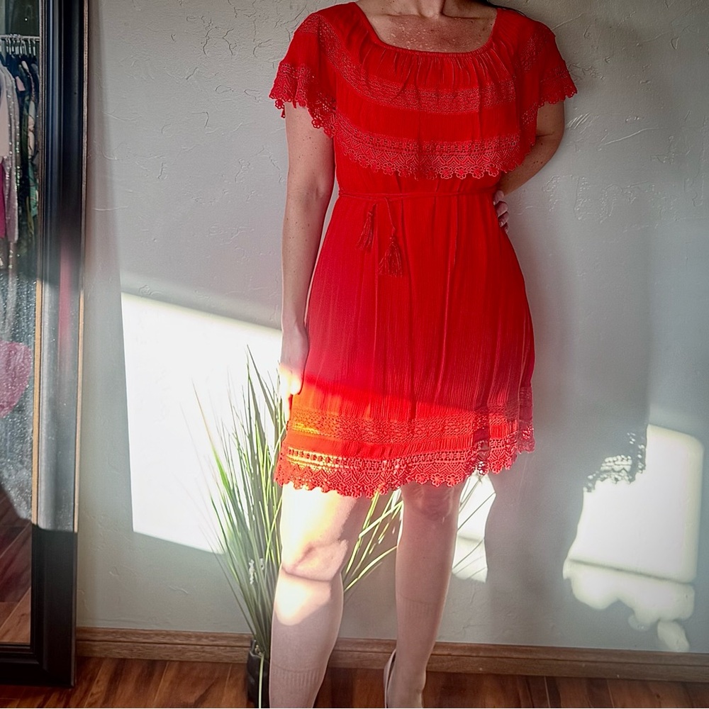 One The Land Off The Shoulder Red Lace Tie Waist Dress - Picture 2 of 7